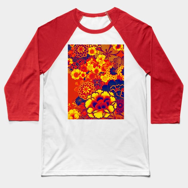 ANTIQUE JAPANESE FLOWERS BLUE RED ORANGE YELLOW Wild Roses Kimono Style Floral Baseball T-Shirt by BulganLumini